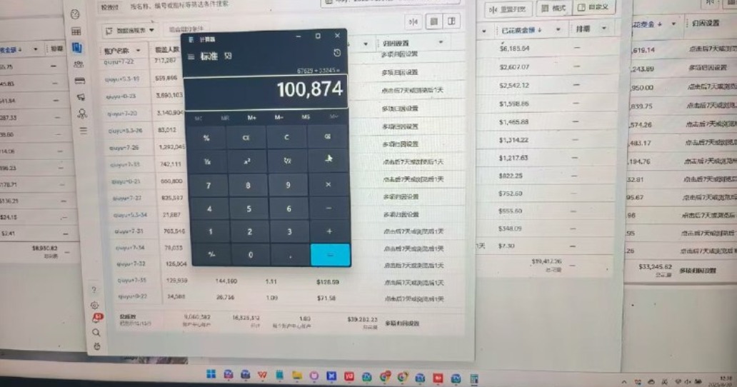 Facebook 广告管理后台多窗口：账户已花金额、覆盖人数及计算器汇总美元消耗